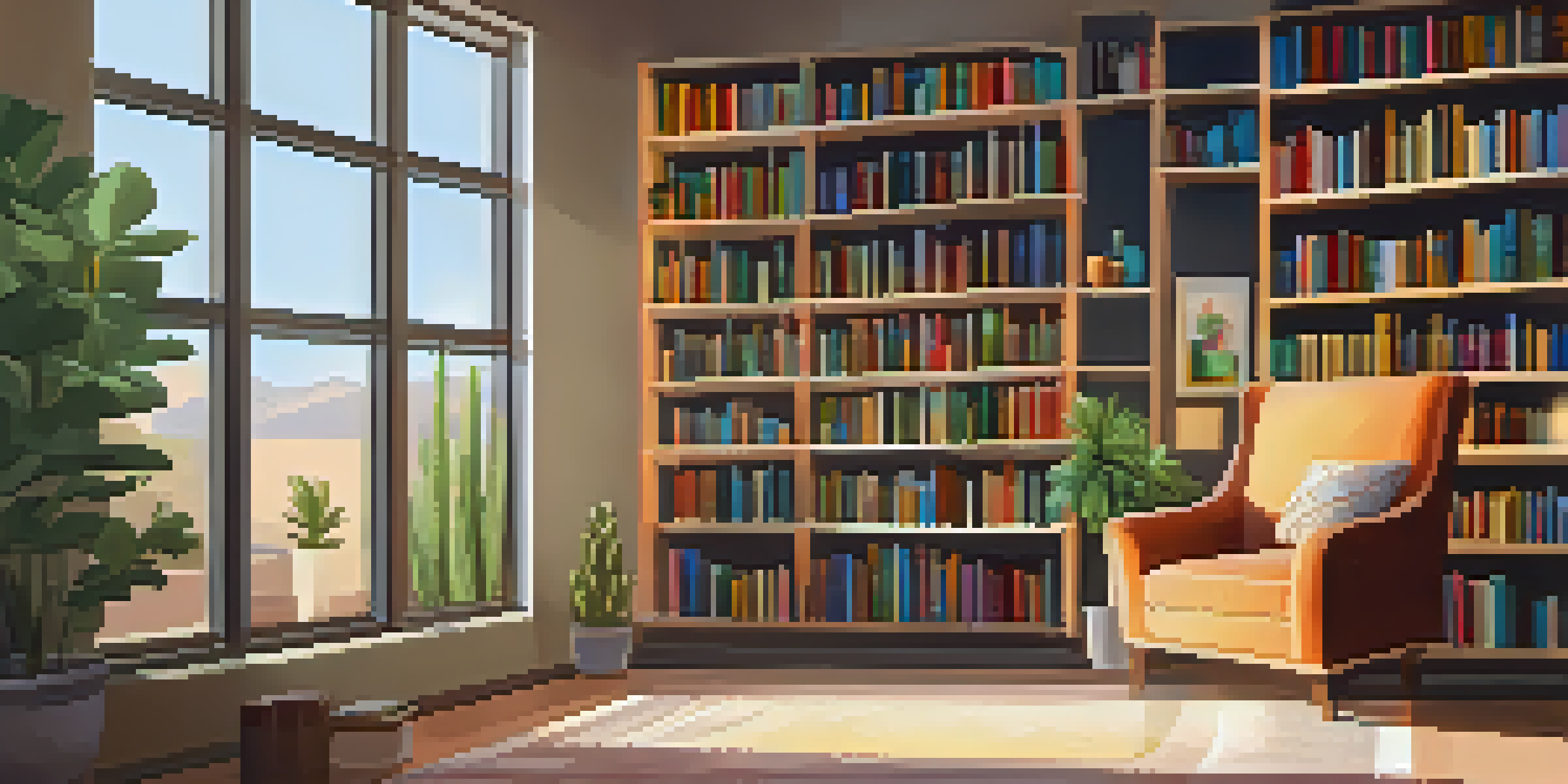 A cozy reading nook in a library, with bookshelves, an armchair, and sunlight streaming through a window.