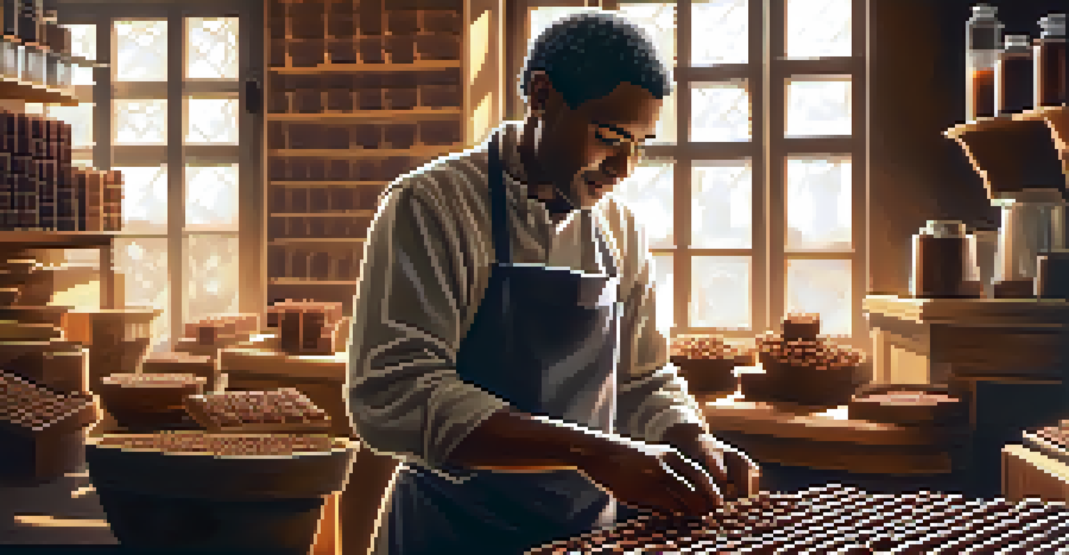 A chocolatier working in a workshop, pouring melted chocolate into molds with sunlight streaming in.