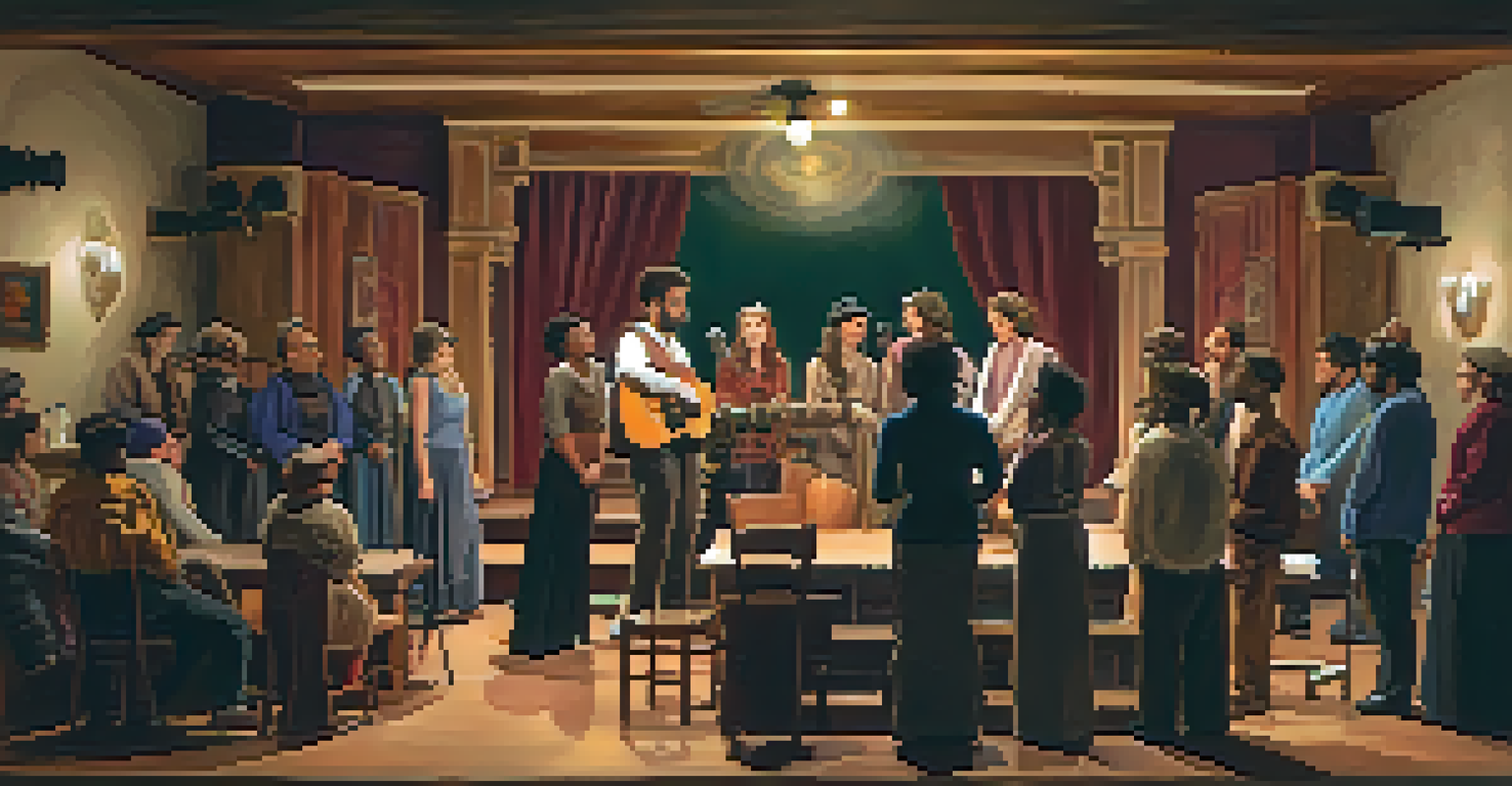 Local actors rehearsing a play in a cozy community theater with warm lighting and visible stage props.