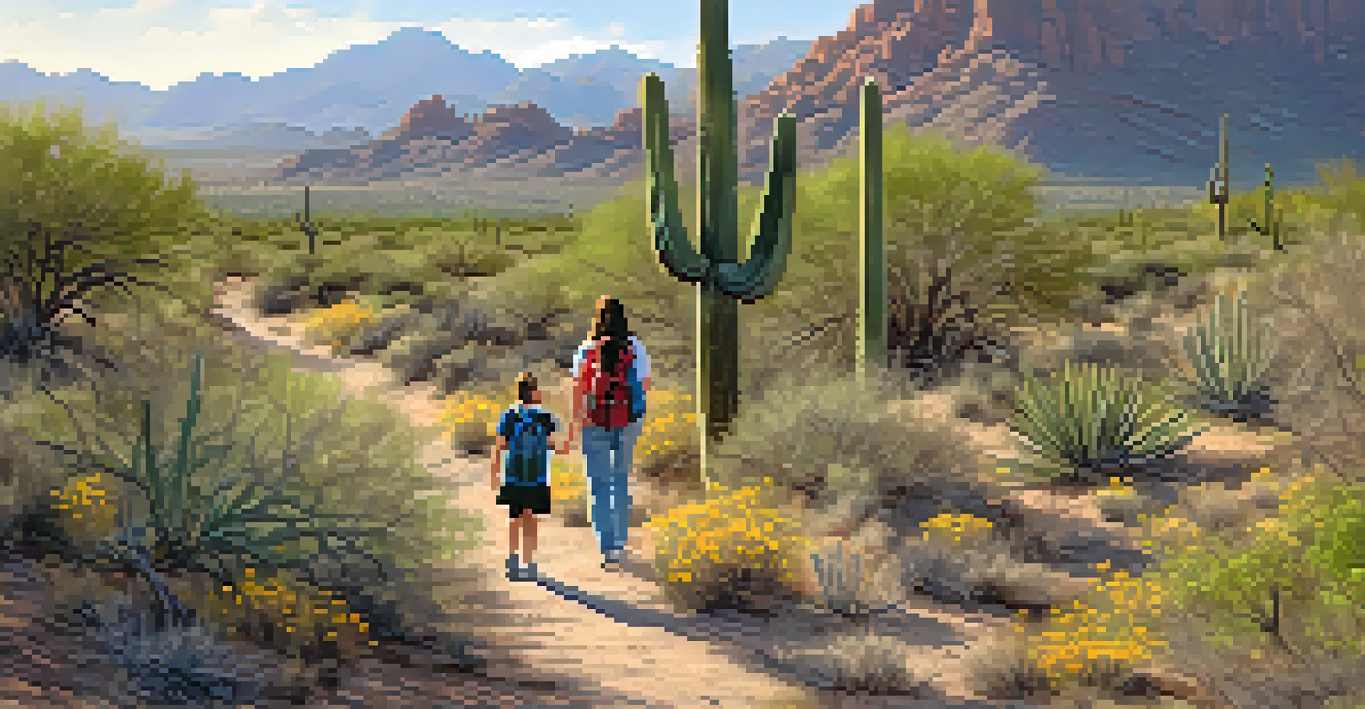 A picturesque hiking trail in McDowell Sonoran Preserve, surrounded by desert plants and a family enjoying their hike under the warm sunlight.