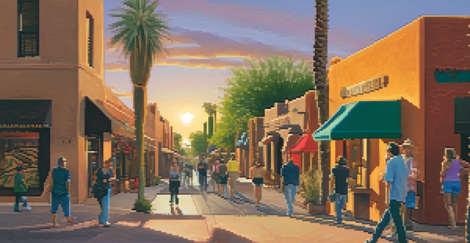 A colorful street scene depicting Scottsdale's Historic Downtown with adobe buildings, local art, and a bronze statue during sunset.