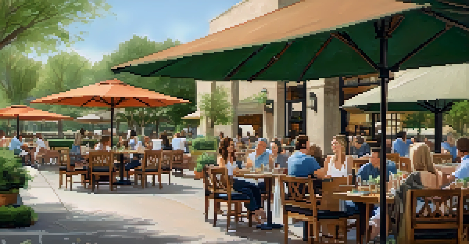 A cozy outdoor dining area at The Shops at Gainey Village, with diners enjoying meals in a lush, landscaped setting.