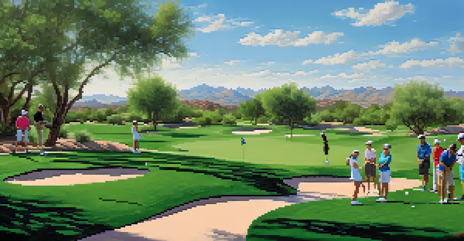A group of beginner golfers in a clinic on a Scottsdale golf course, practicing swings with an instructor under a clear blue sky.