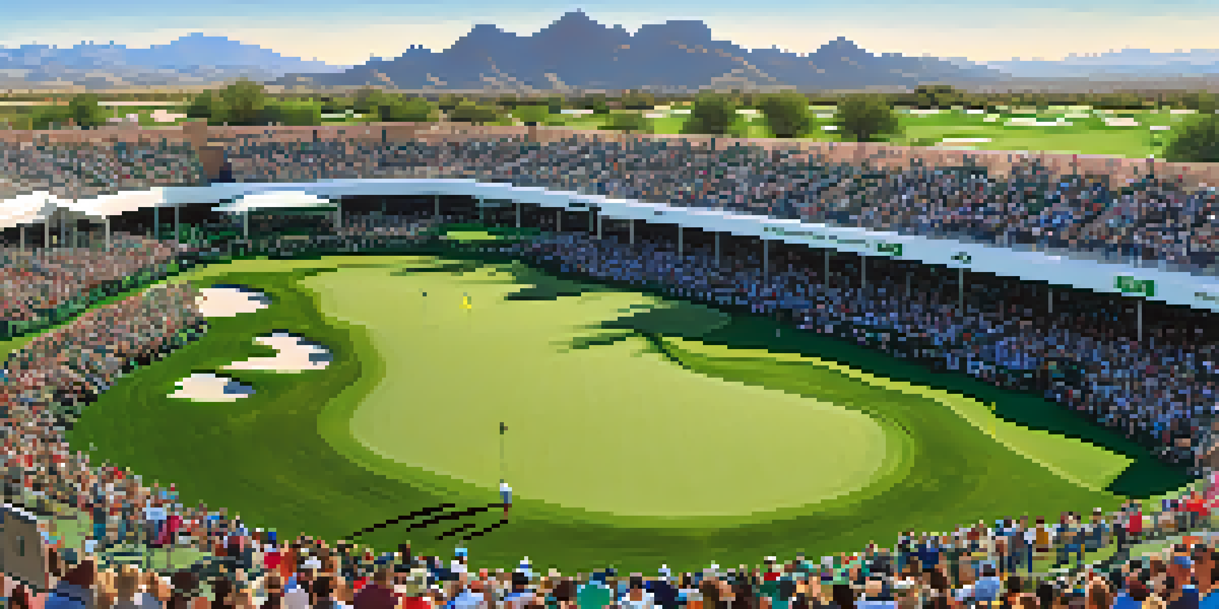 Panoramic view of TPC Scottsdale golf course with spectators at the 16th hole and desert landscape.