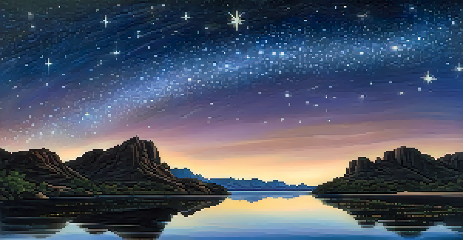 A peaceful lake reflecting a starry sky at night, surrounded by desert scenery, creating a serene atmosphere for stargazing.