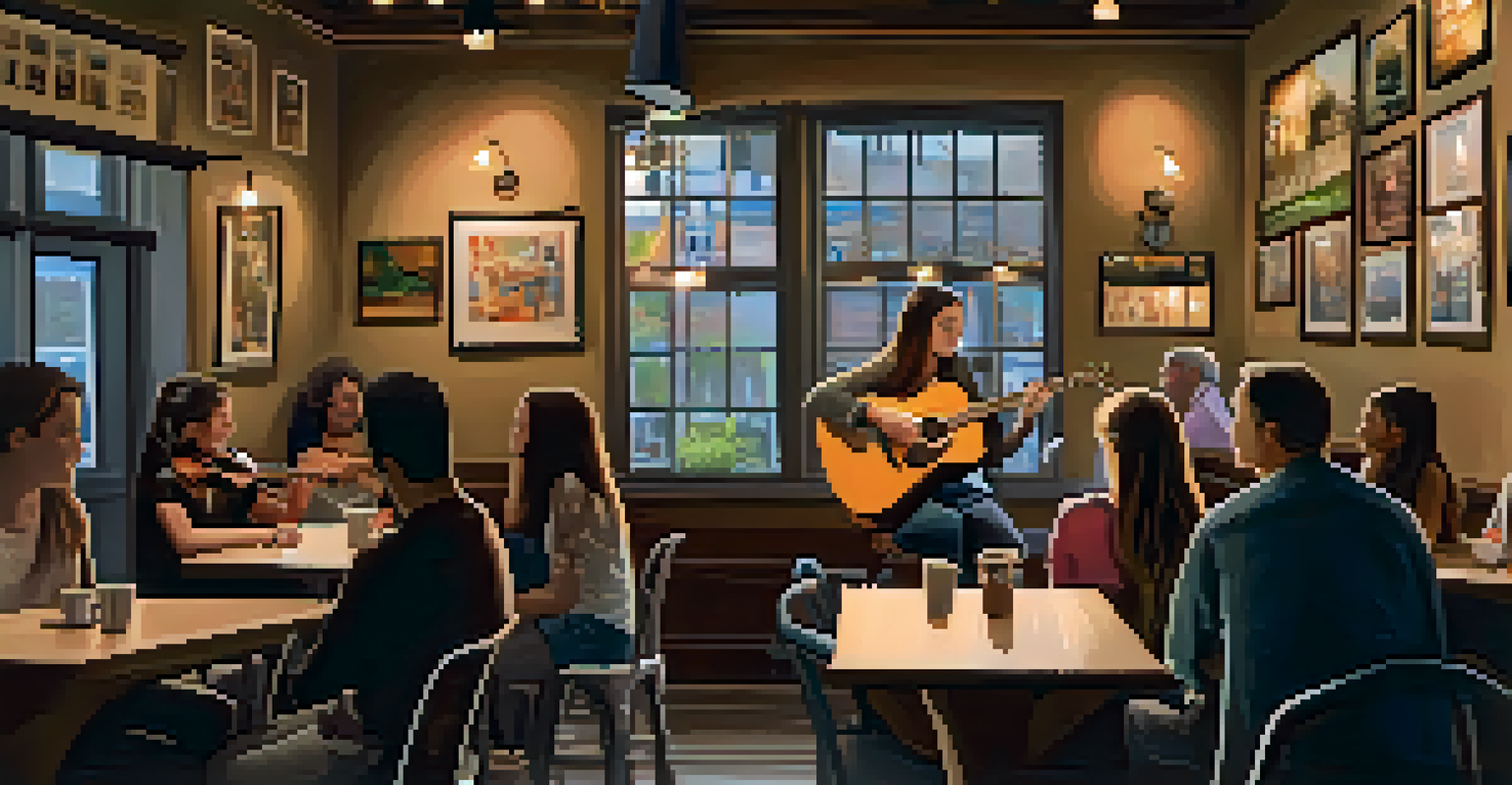 A young woman performing in a cozy coffee shop, playing acoustic guitar, with an intimate audience and local art on the walls.