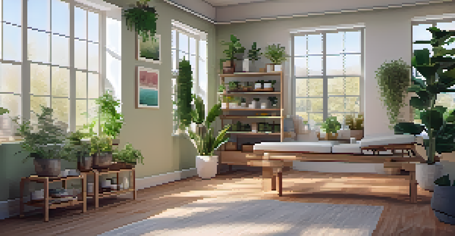A holistic health studio with plants, essential oils, and a massage therapy setup in a bright, inviting space.