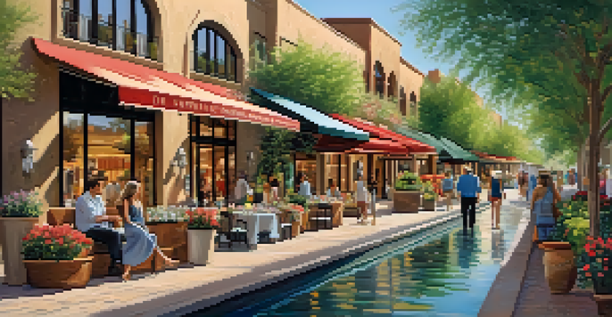 An outdoor shopping area with luxury boutiques next to a canal, featuring shoppers and beautiful landscaping under sunny skies.