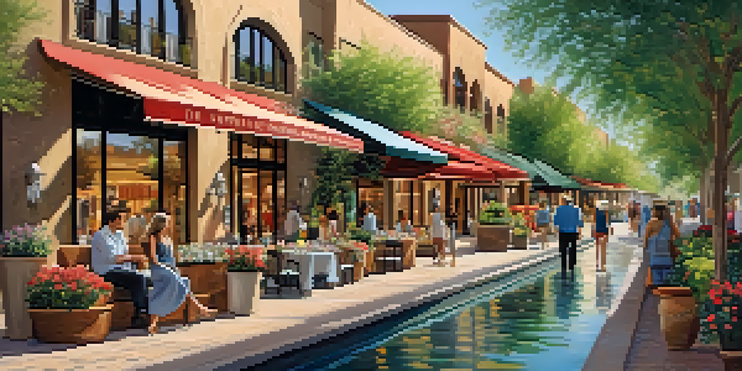 An outdoor shopping area with luxury boutiques next to a canal, featuring shoppers and beautiful landscaping under sunny skies.