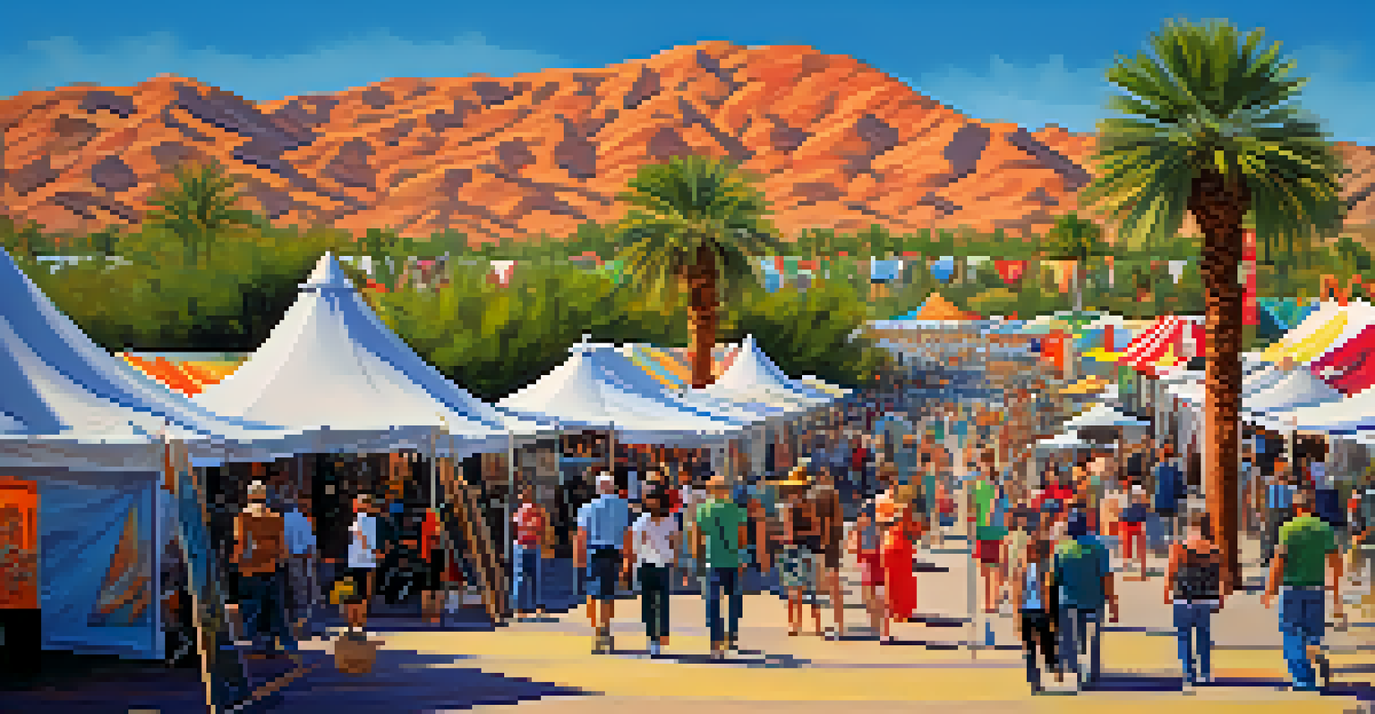 Artists showcasing their work at the Scottsdale Arts Festival with colorful tents and palm trees.