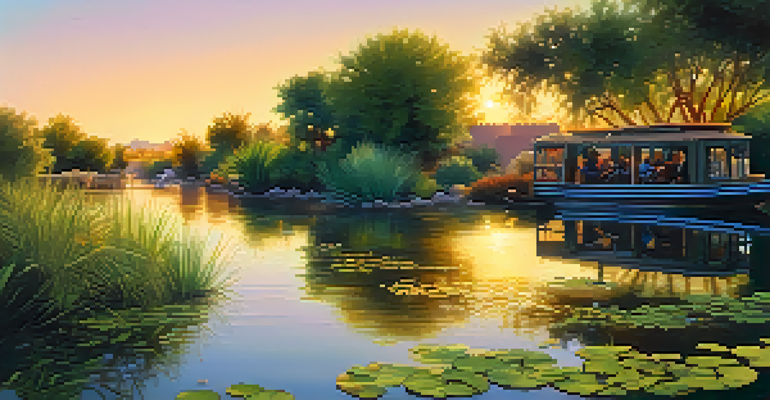 Birdwatchers at Scottsdale Waterfront observing herons and egrets against a colorful sunset.