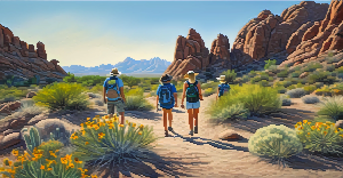 A family hiking on a desert trail surrounded by cacti and wildflowers, smiling and enjoying their outing.