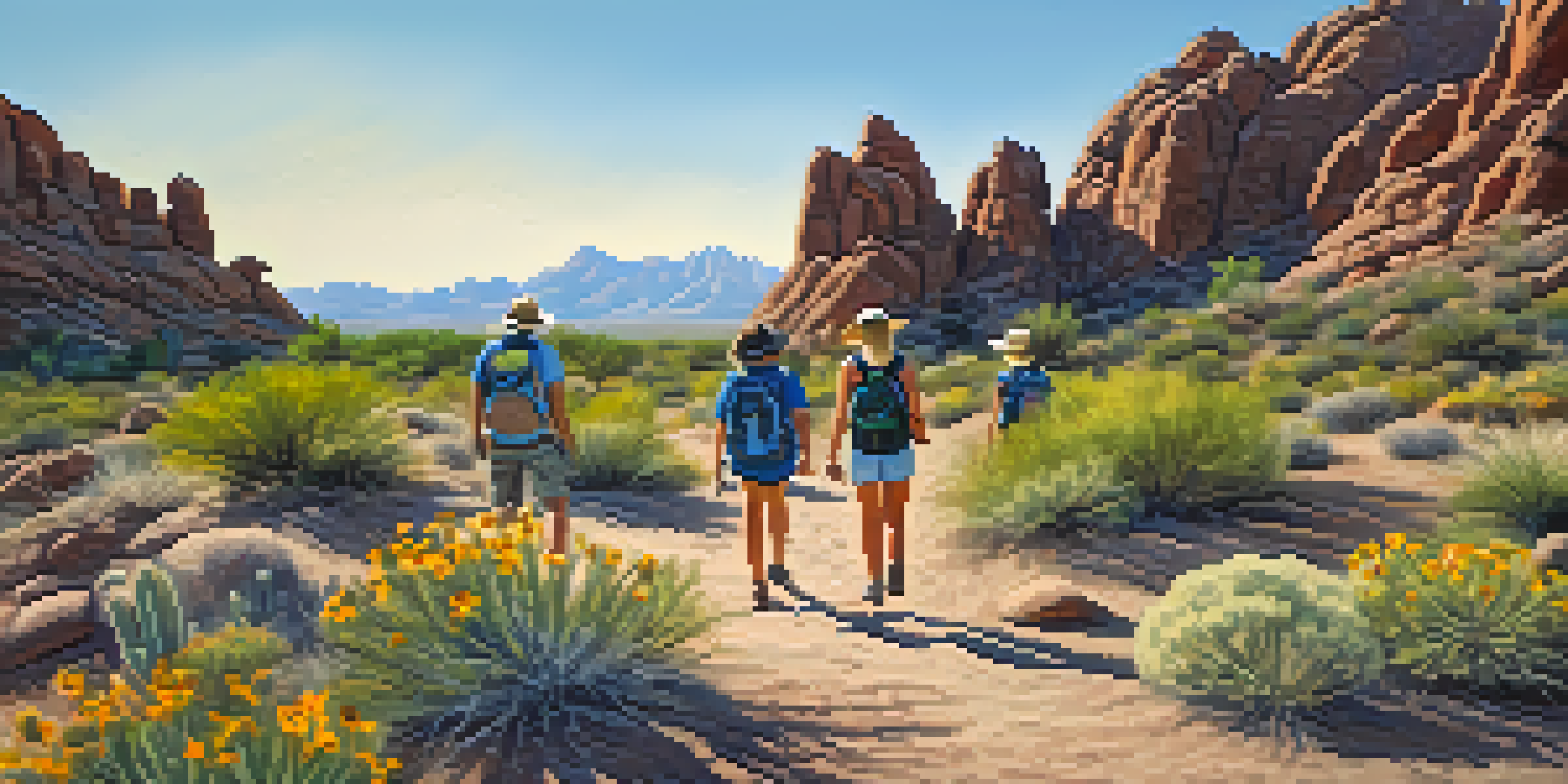 A family hiking on a desert trail surrounded by cacti and wildflowers, smiling and enjoying their outing.