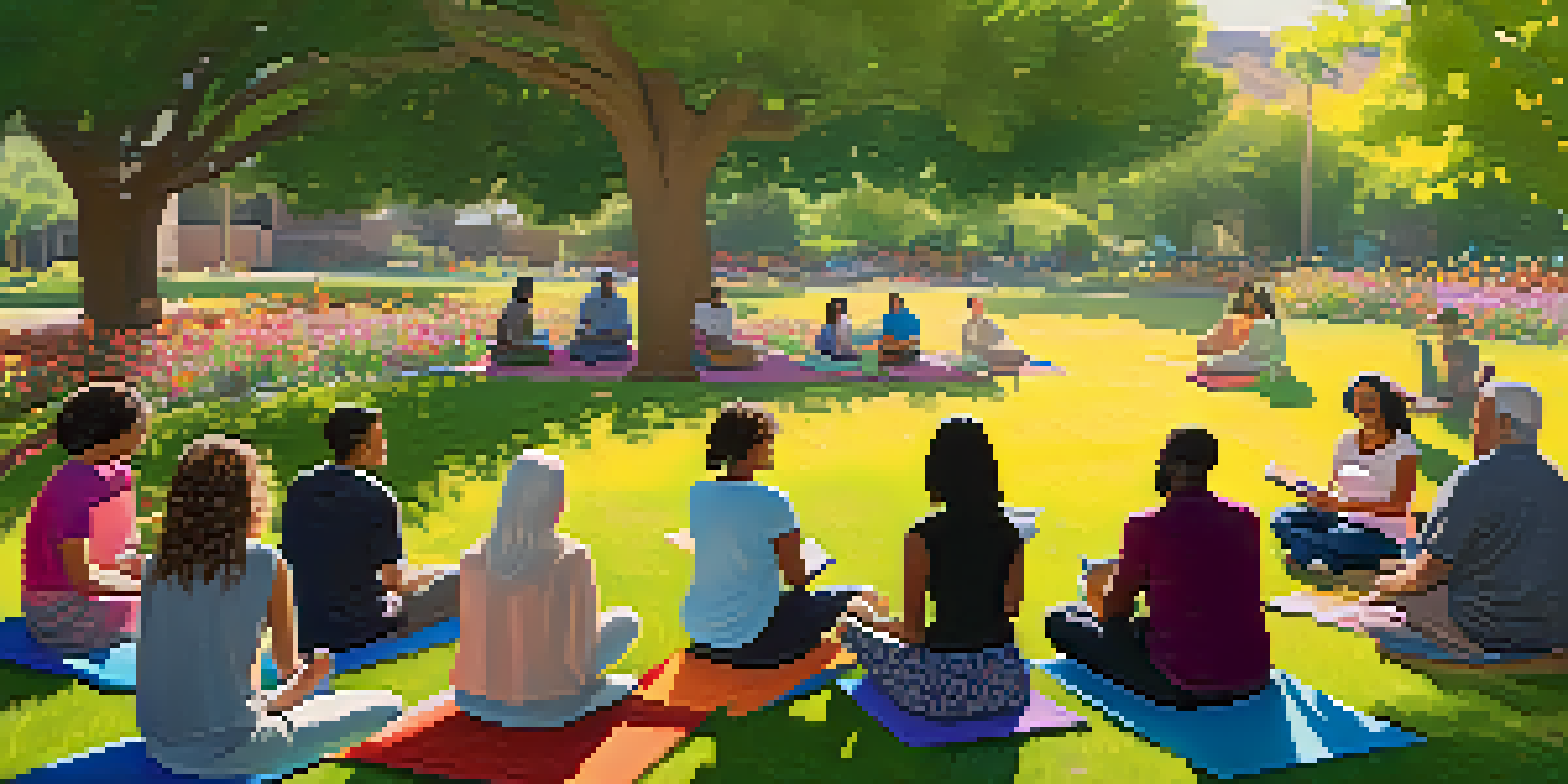 A diverse group of people participating in a mindfulness workshop outdoors, surrounded by greenery and colorful flowers.