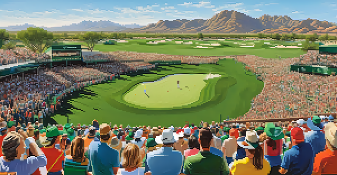 A wide-angle view of TPC Scottsdale golf course filled with spectators during a tournament, with lush green grass and desert scenery in the background.