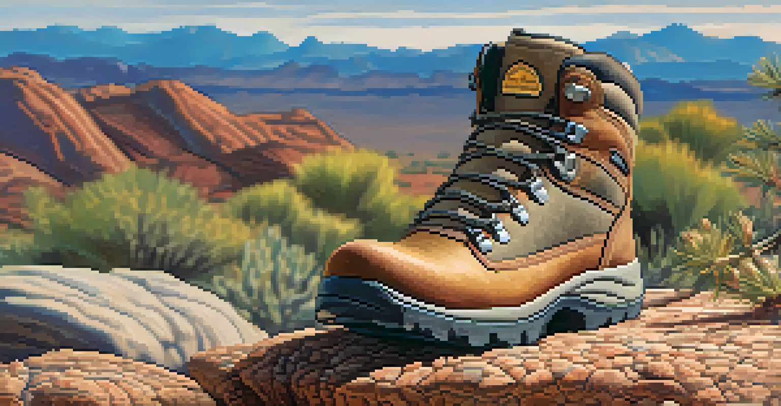 Close-up of hiking boots on a rocky trail, with desert plants and mountains in the background.