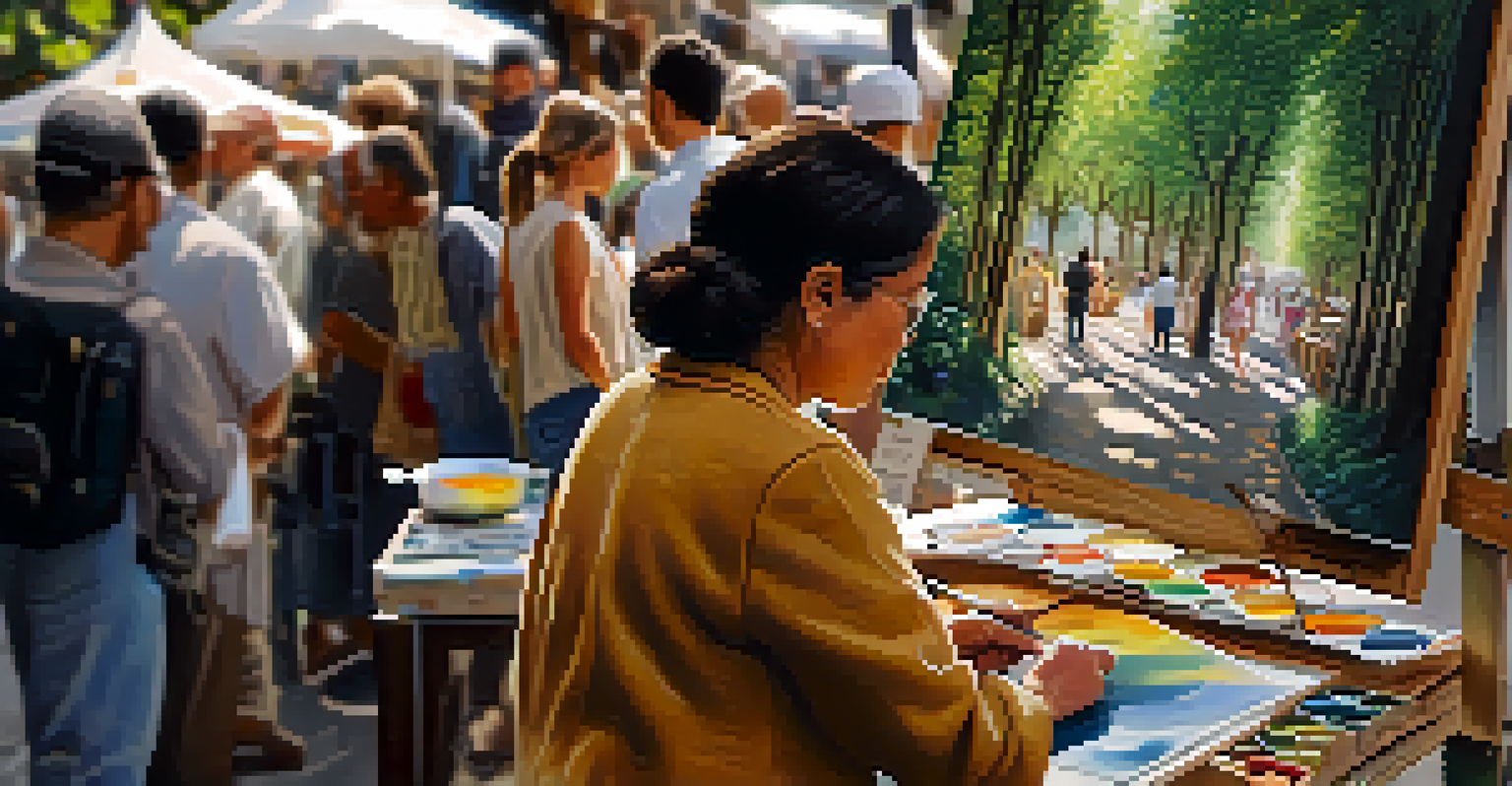 A close-up of a female artist painting at her stall, surrounded by vibrant colors and observing customers in a soft, natural light setting.