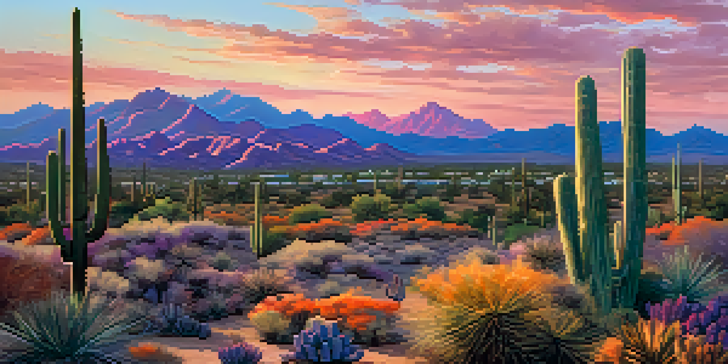 A sunset view of Scottsdale's desert landscape with cacti and mountains in the background, displaying vibrant colors in the sky.