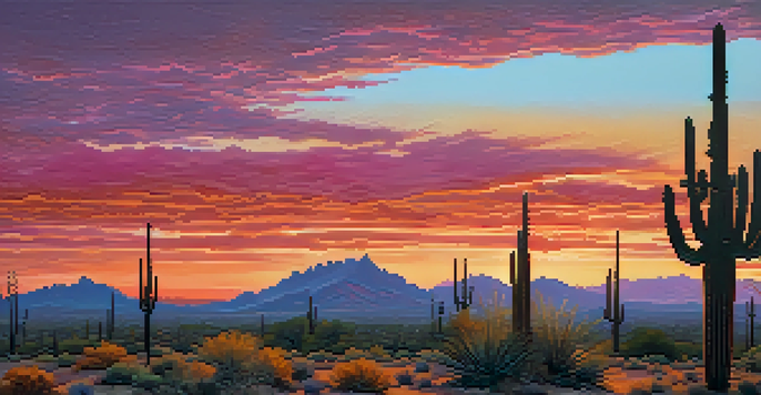 A stunning sunset in the Sonoran Desert with silhouetted cacti and a colorful sky.