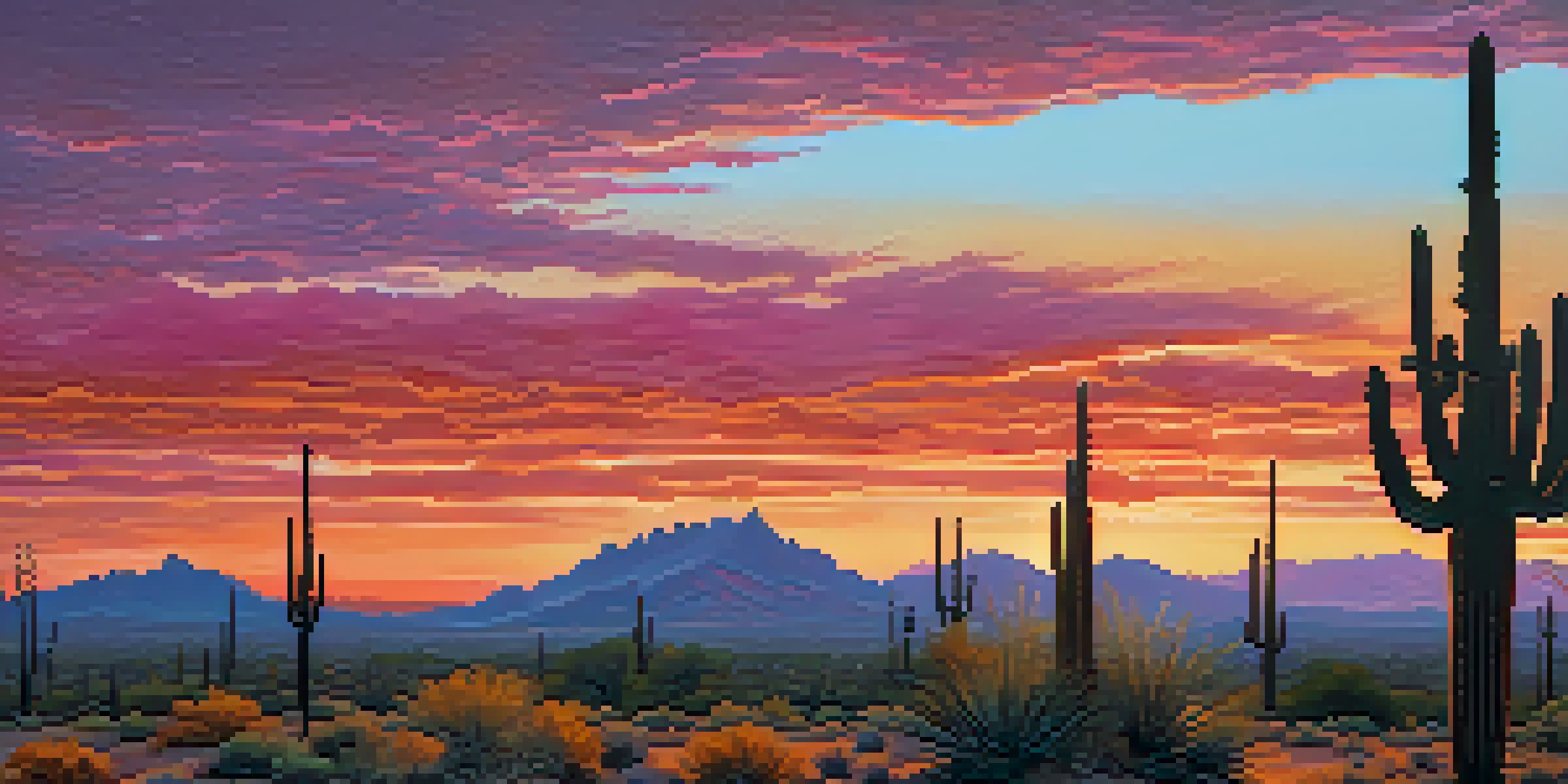 A stunning sunset in the Sonoran Desert with silhouetted cacti and a colorful sky.