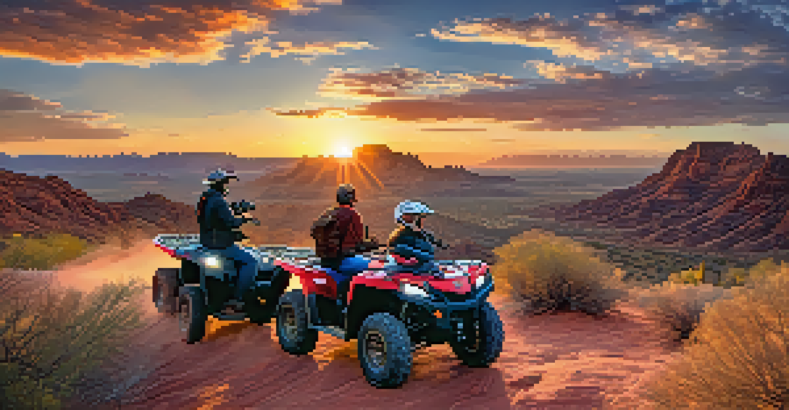 Riders stopping to take photos of stunning desert views during an ATV tour in Scottsdale, with canyons and a colorful sunset in the background.