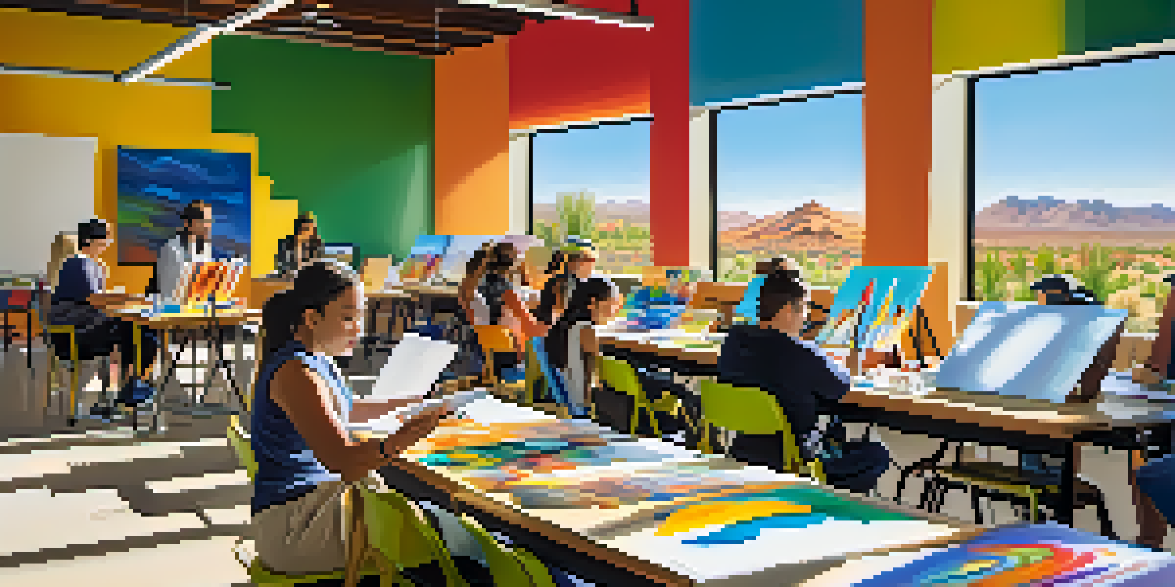 A community workshop in Scottsdale with people painting and collaborating on coding projects, illuminated by natural light.