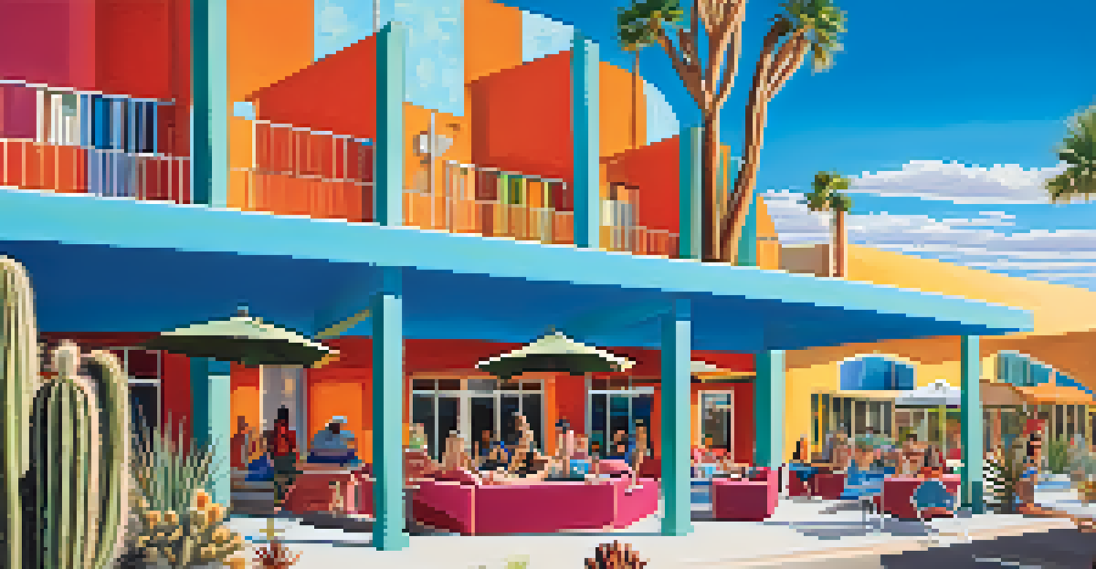 Colorful exterior of The Saguaro hotel with artistic murals and a lively pool area.
