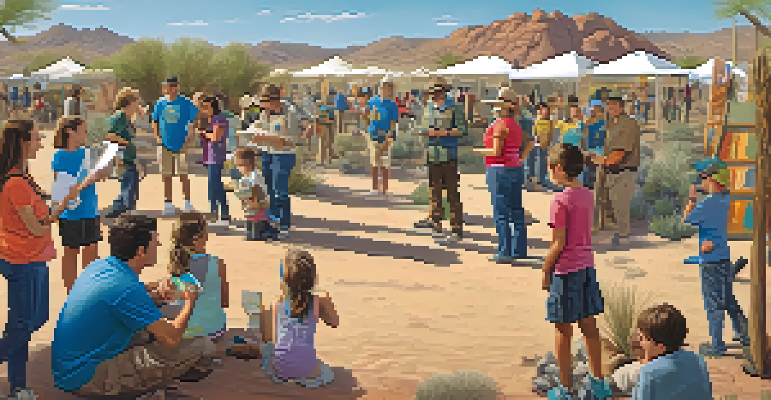 Families and children attending a wildlife awareness event in Scottsdale, engaging with exhibits and observing a bobcat.