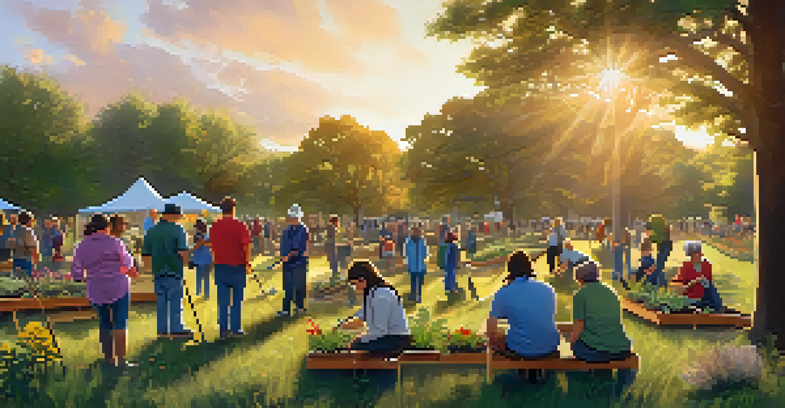 Community members planting native plants in a park during an educational event, with a warm sunset glow and banners promoting conservation.