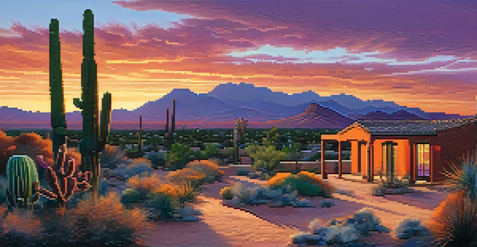 A sunset view of Scottsdale's desert landscape with adobe buildings and cacti.