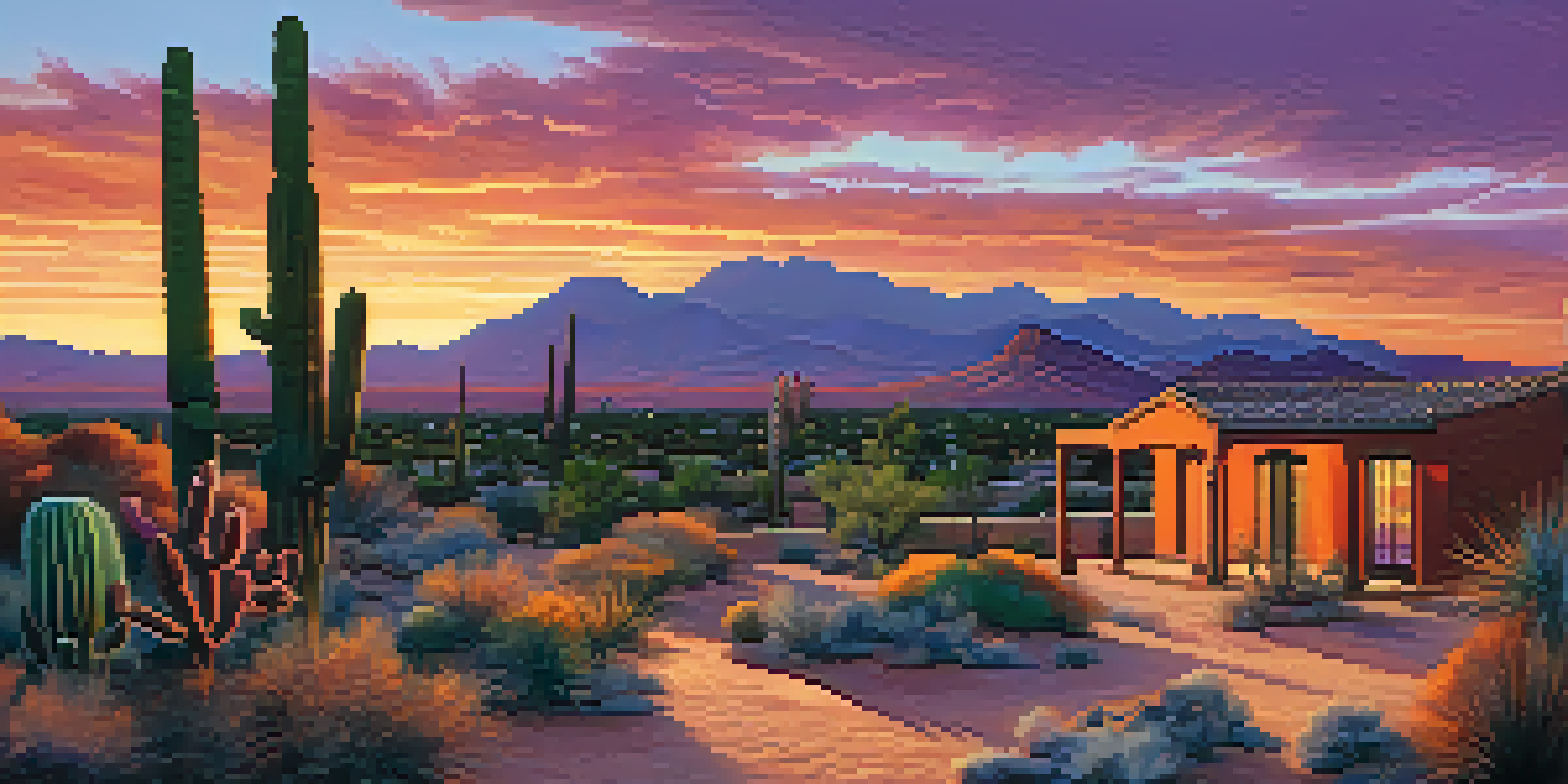 A sunset view of Scottsdale's desert landscape with adobe buildings and cacti.