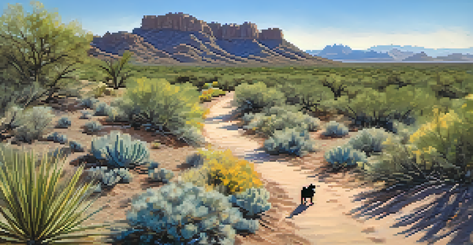 A person hiking with a dog on a trail surrounded by desert plants and a clear sky.