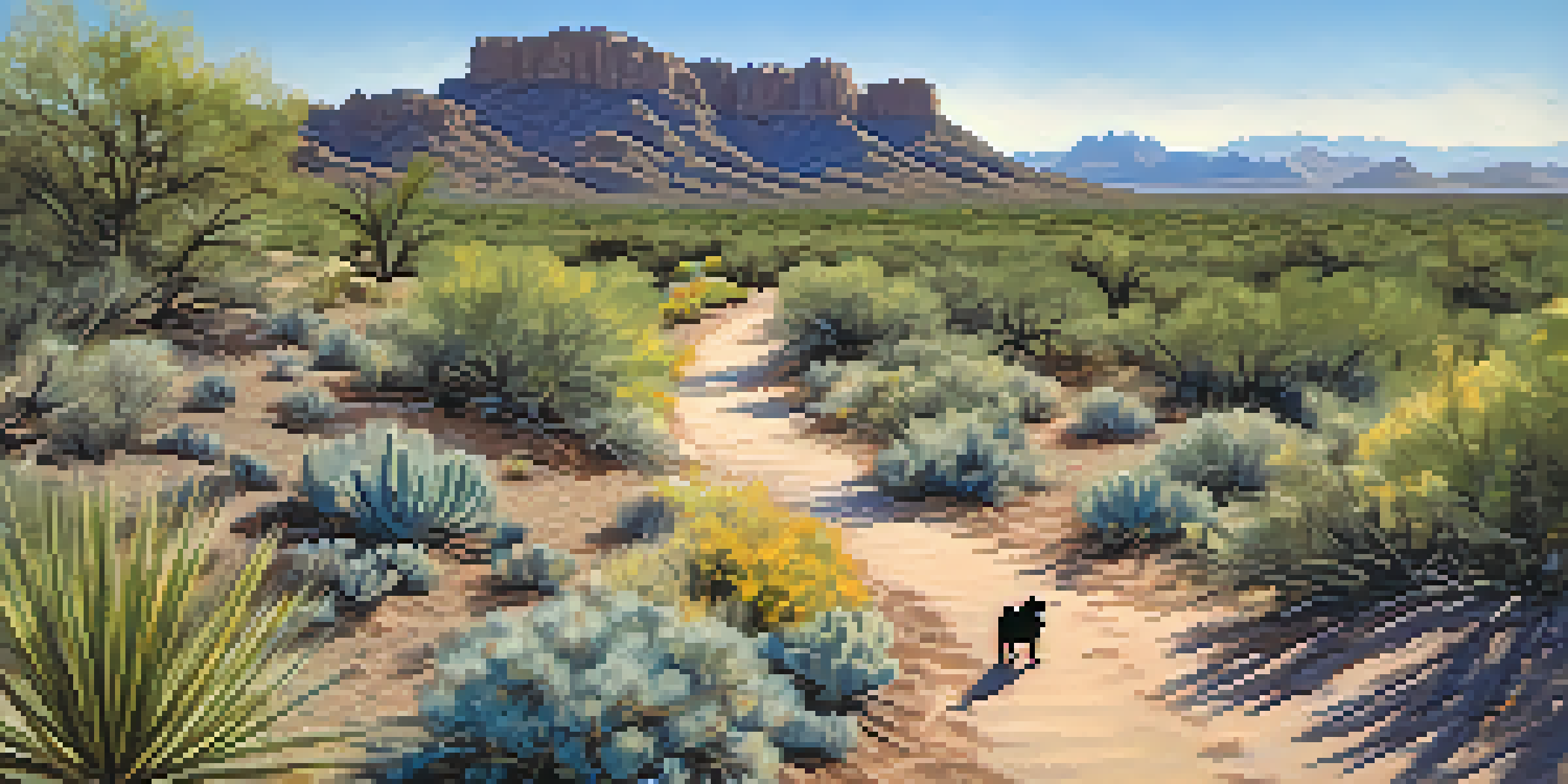 A person hiking with a dog on a trail surrounded by desert plants and a clear sky.