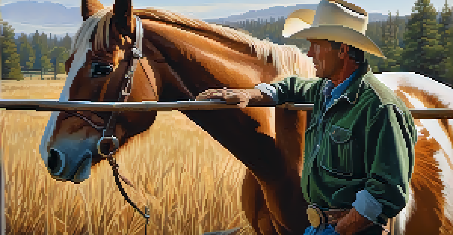 A close-up of a rancher caring for a horse, with hay bales and a wooden fence in the background.