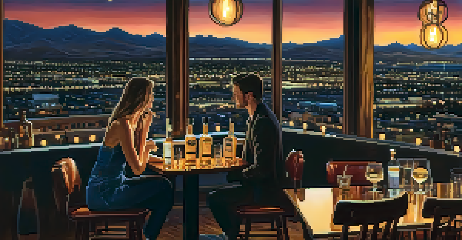 A cozy rooftop whisky bar with a couple enjoying drinks, surrounded by a display of whisky bottles and a view of city lights at night.