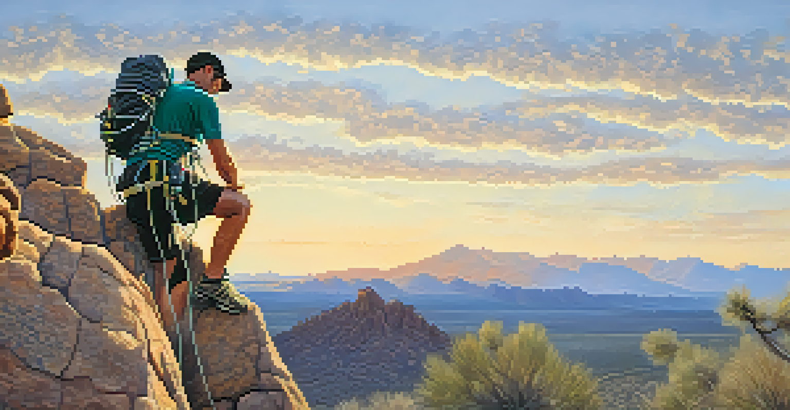 A climber preparing their harness on a rocky outcrop, with golden sunlight illuminating the desert landscape.
