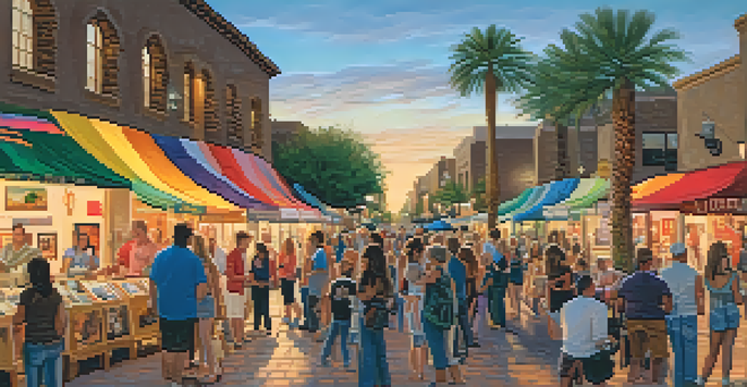 A lively street scene during Scottsdale's Art Walk, with people exploring galleries and enjoying live music under a warm sunset.