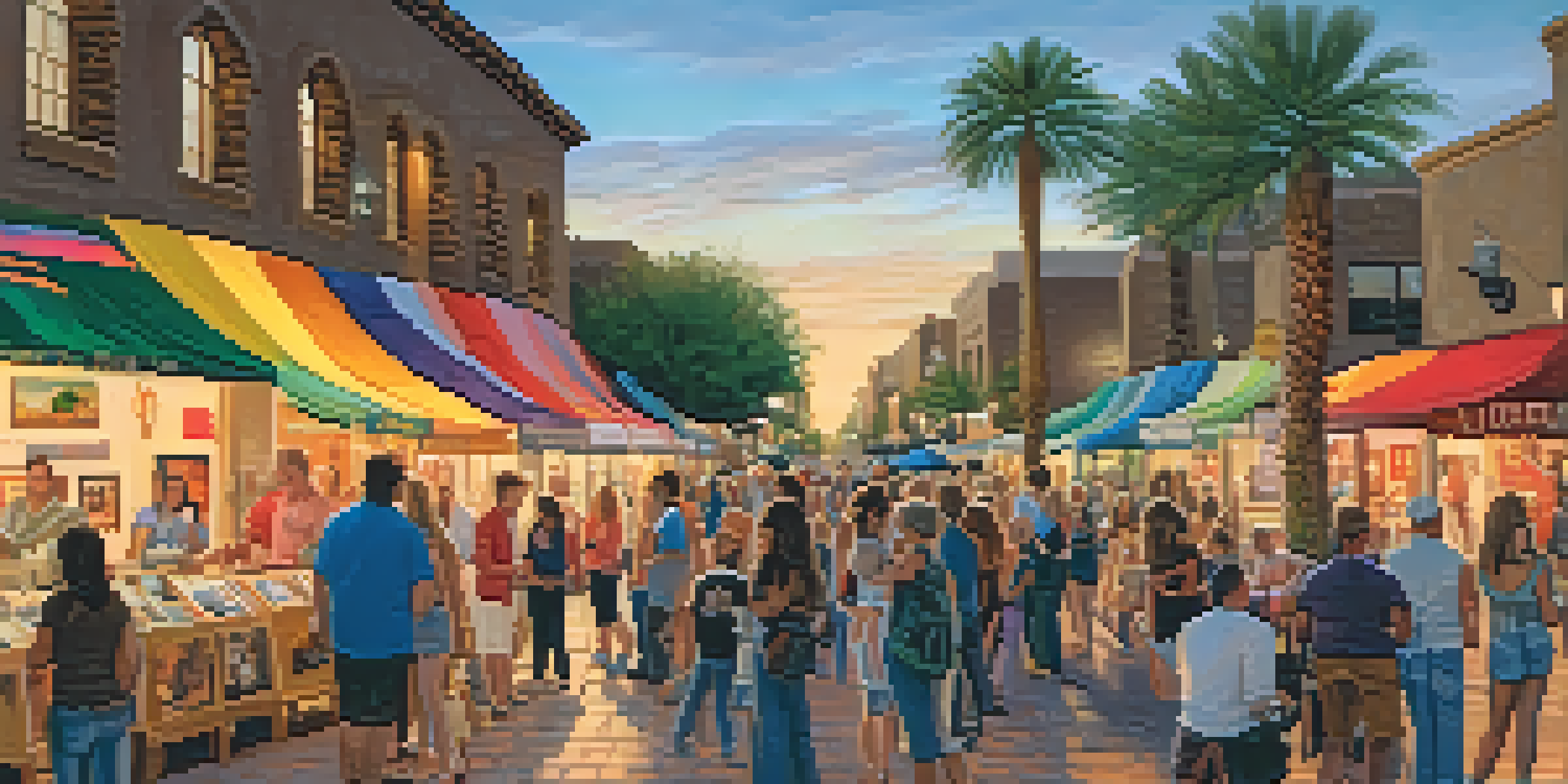 A lively street scene during Scottsdale's Art Walk, with people exploring galleries and enjoying live music under a warm sunset.