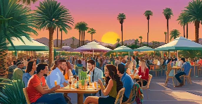 A lively outdoor networking event with people talking and enjoying drinks, surrounded by palm trees and a colorful sunset.
