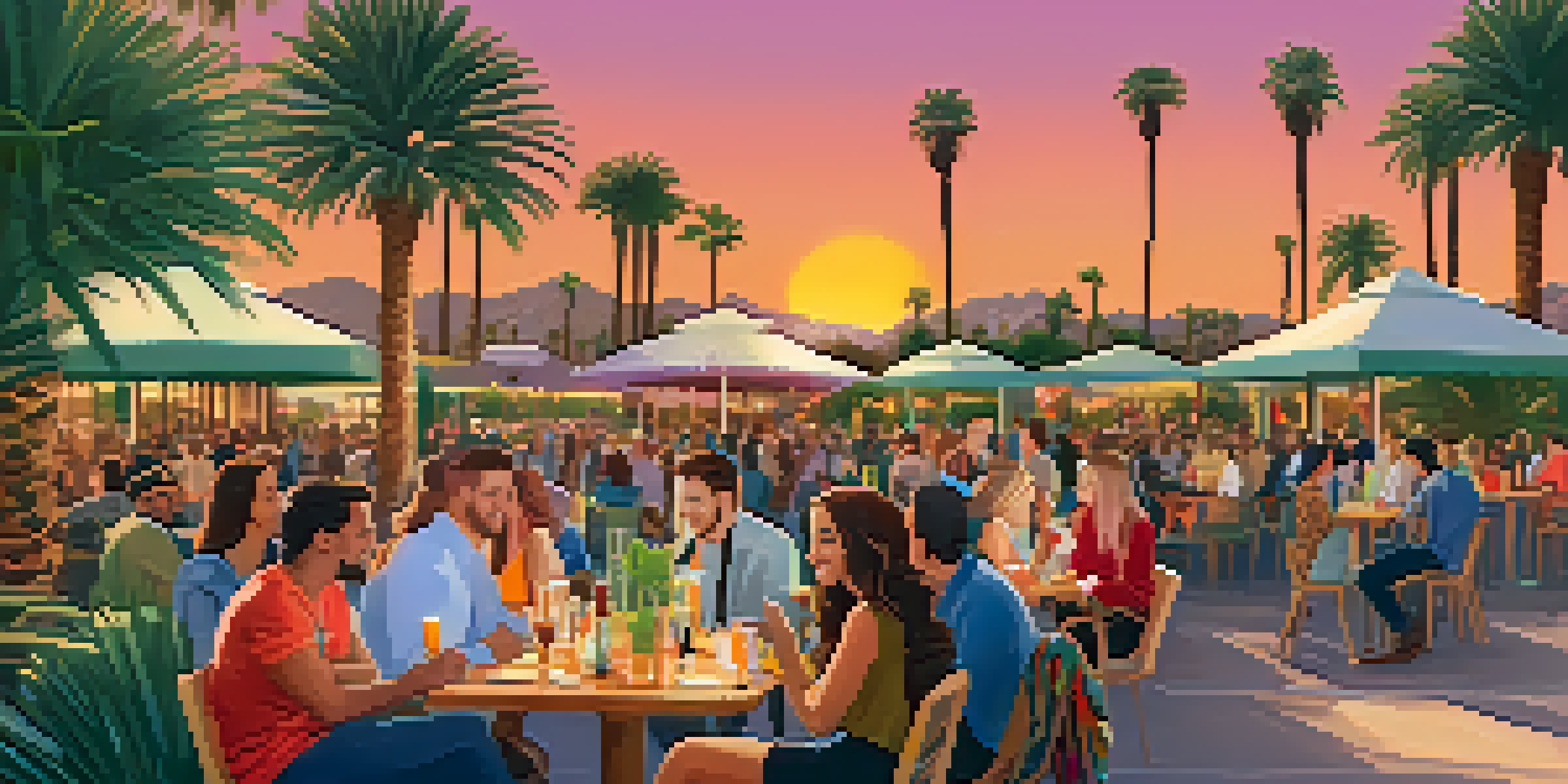 A lively outdoor networking event with people talking and enjoying drinks, surrounded by palm trees and a colorful sunset.