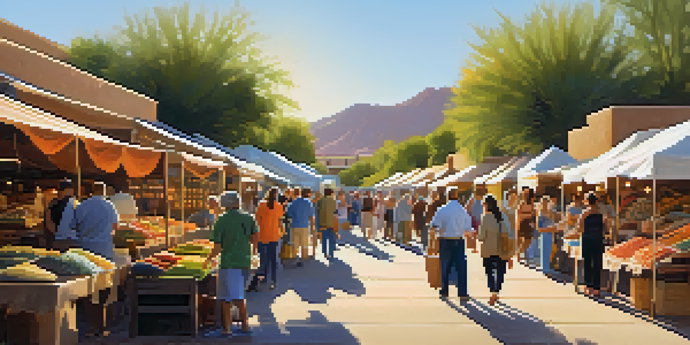 A lively artisan market with colorful stalls and visitors interacting with artisans in Scottsdale, Arizona during sunset.