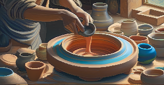An artisan shaping clay on a potter's wheel in a colorful pottery studio, with vibrant pottery pieces and a desert landscape in the background.