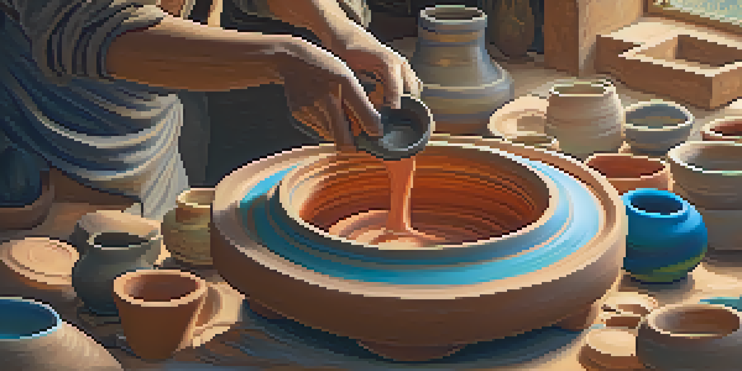 An artisan shaping clay on a potter's wheel in a colorful pottery studio, with vibrant pottery pieces and a desert landscape in the background.