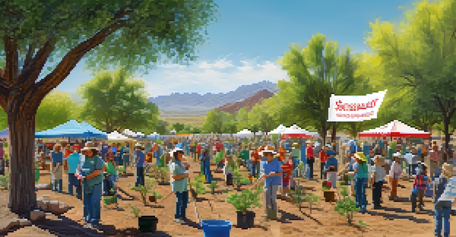 A community event with residents planting trees together, promoting sustainability in a sunny outdoor setting.