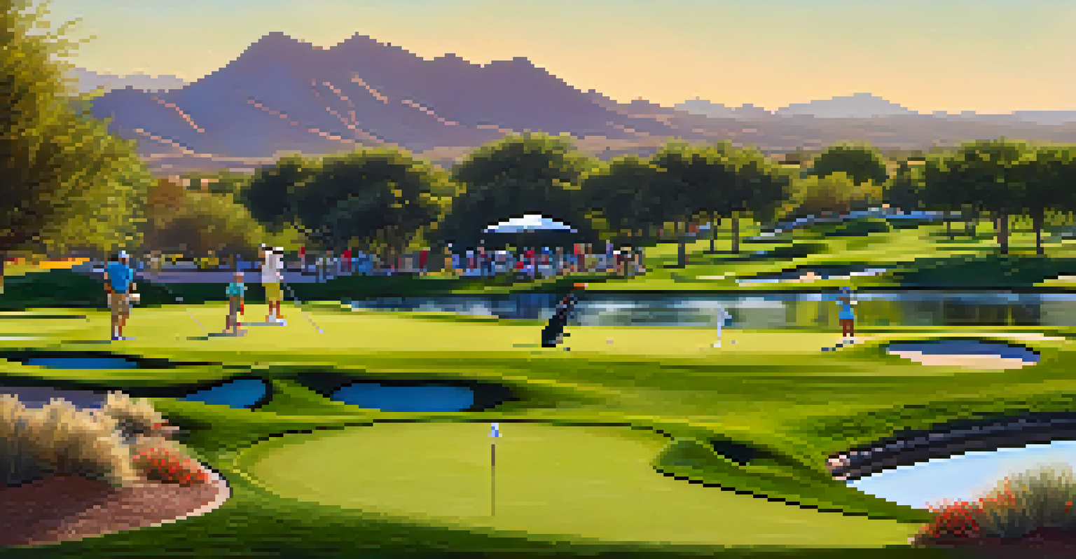 A family having fun at Westin Kierland Golf Club, with children practicing golf swings and a water park visible.