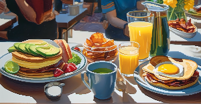 A lively brunch table at The Breakfast Club with pancakes, a breakfast sandwich, and a mimosa in a warm and inviting setting.