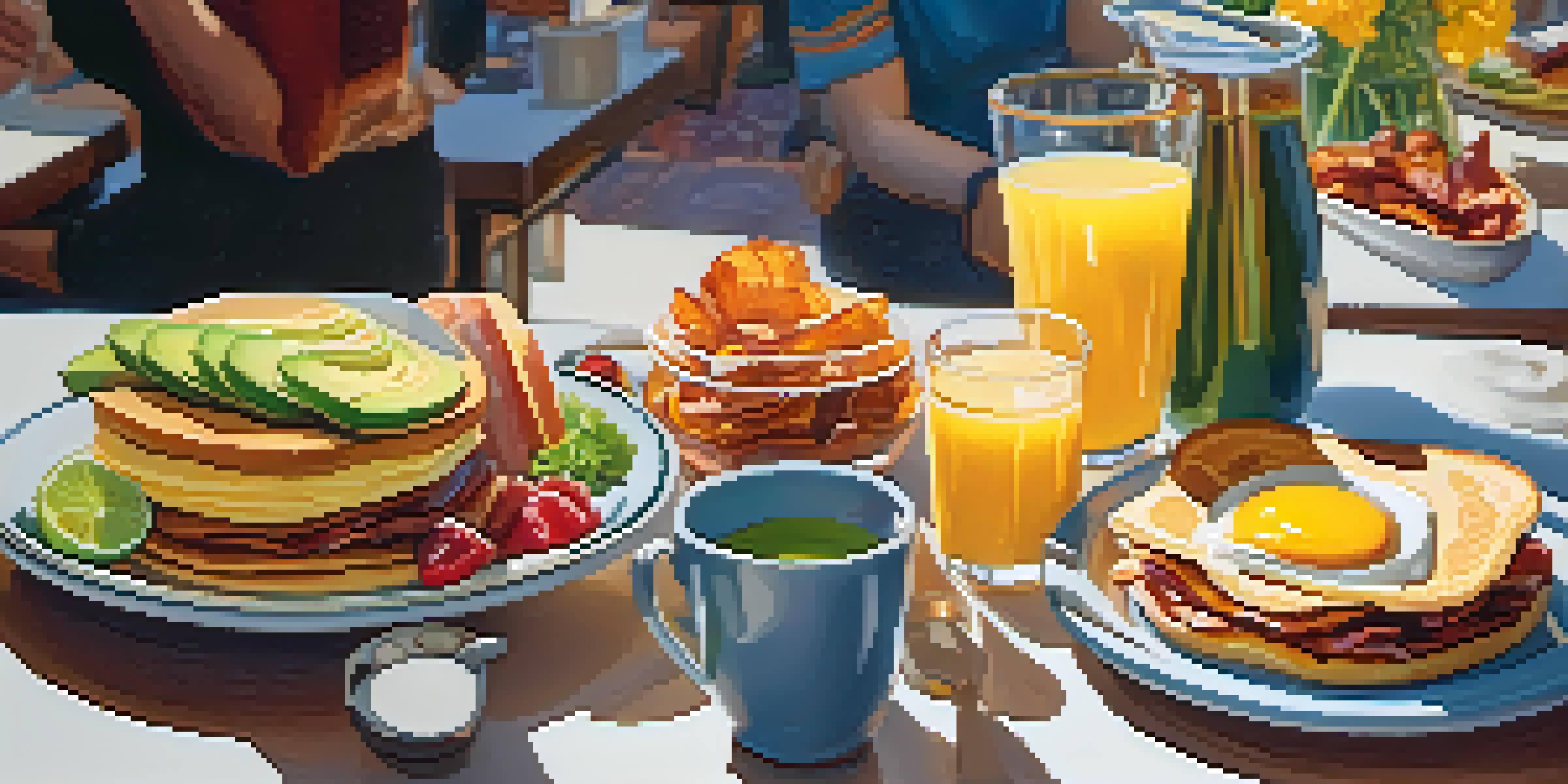 A lively brunch table at The Breakfast Club with pancakes, a breakfast sandwich, and a mimosa in a warm and inviting setting.