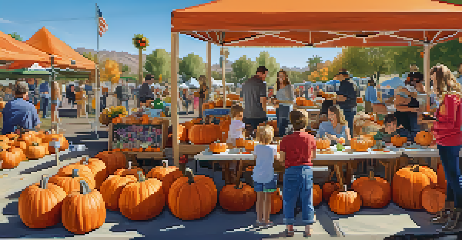 A family participating in a pumpkin carving contest at a farmers' market, surrounded by pumpkins and cheerful decorations.