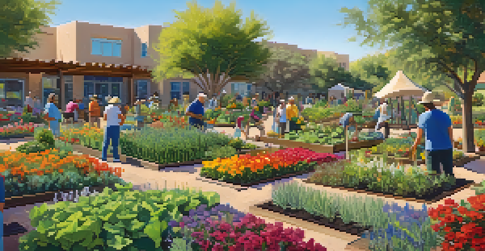 A diverse group of people working together in a colorful community garden, with vegetables and flowers under a sunny sky.