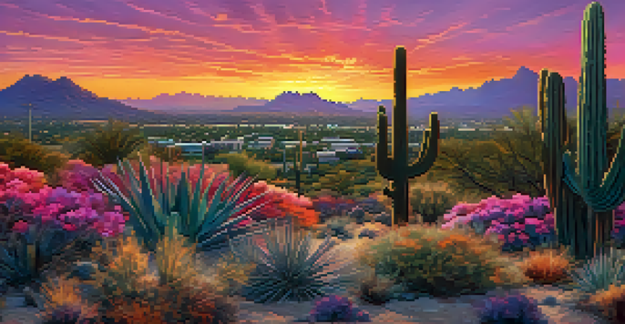 A stunning sunset view over Scottsdale, Arizona, with cacti in the foreground and city skyline in the background, displaying vibrant colors in the sky.